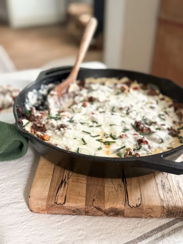 low carb taco casserole in a cast iron skillet
