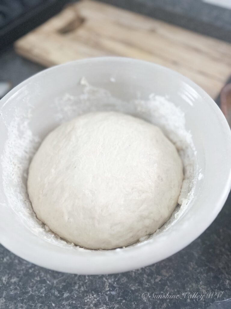 How to Make Simple 4-Ingredient Bread Recipe (No Fuss, No Starter) 3 simple 4-ingredient bread dough rasing in a bowl.