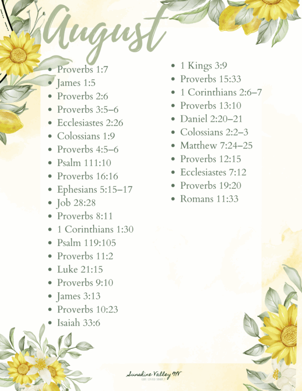 August 2025 Scripture Writing Plan: Walking in Wisdom - Sunshine Valley