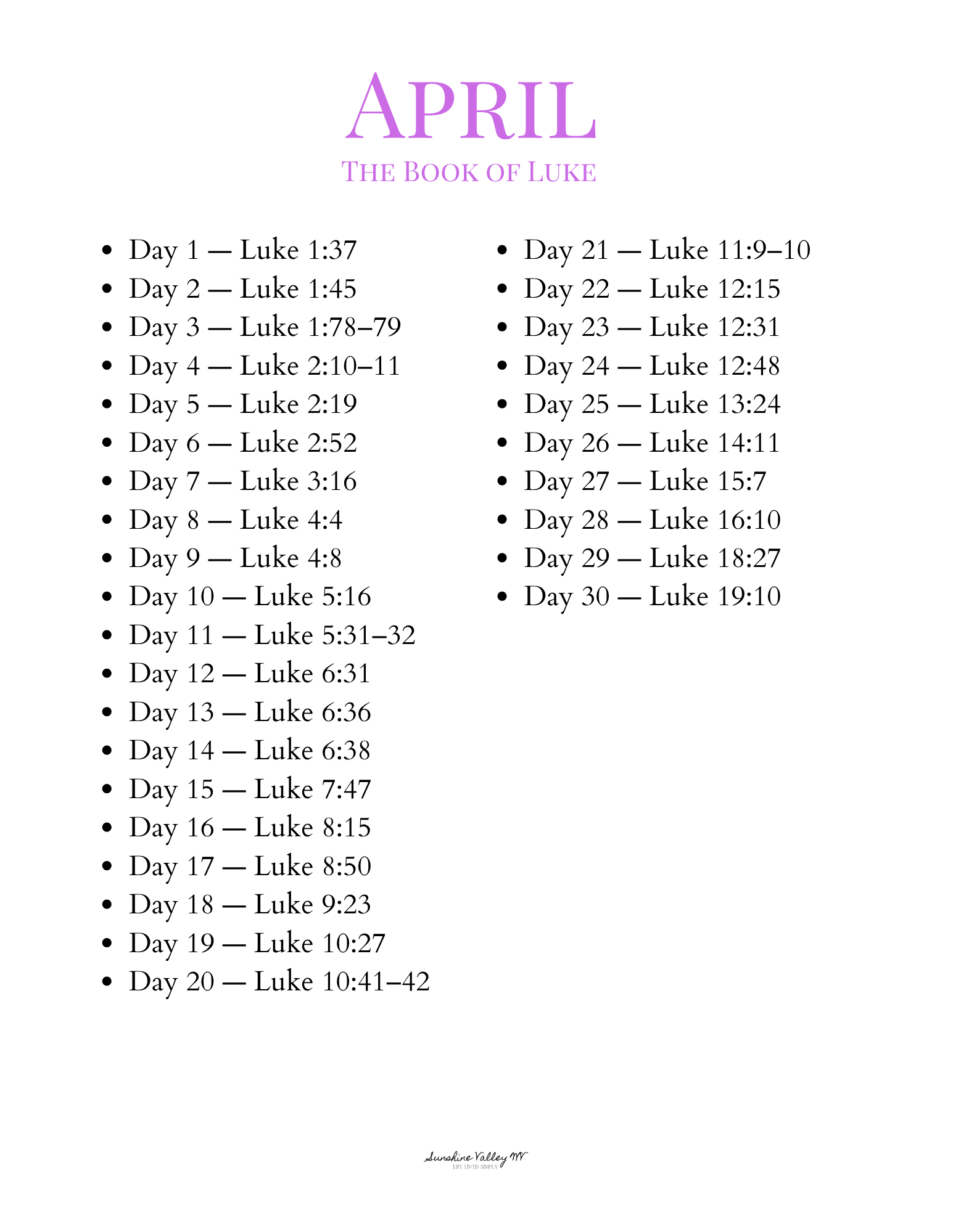 April 2026 Scripture Writing Plan: The Gospel of Luke - Sunshine Valley