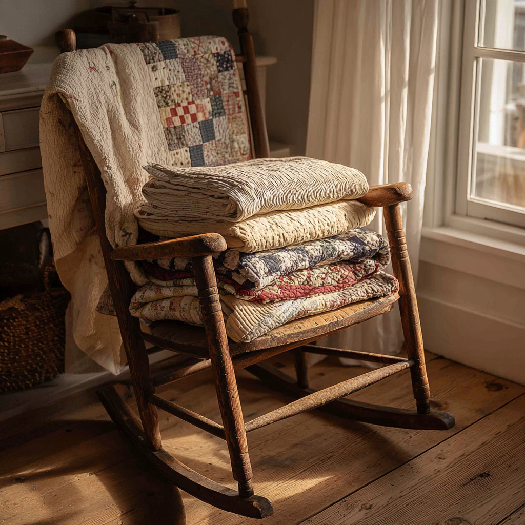 Rocking chair with stacked quilts.