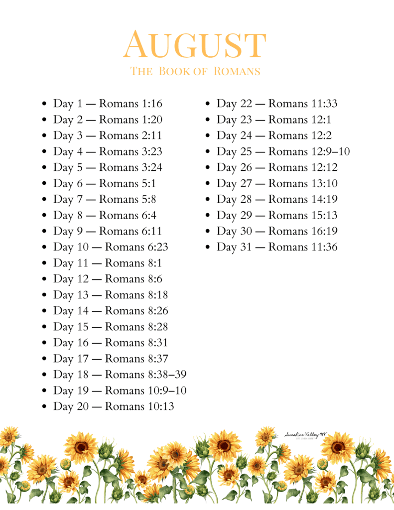 August 2026 Scripture Writing Plan (Book of Romans) 3 August 2026 scripture writing plan - Sunshine Valley WV